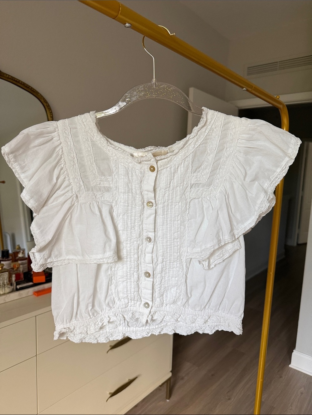 LoveShackFancy White Nora Heritage Top Ruffled Button Front Blouse